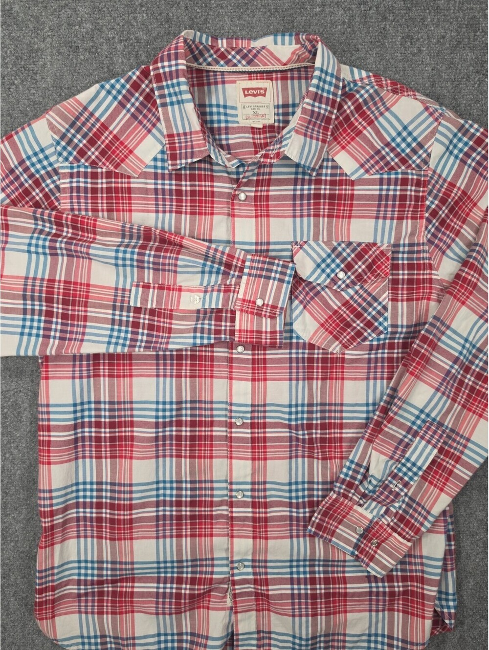 Levi's Western Shirt Mens XL Modern Fit Pearl Snap Red White Blue Plaid Cowboy